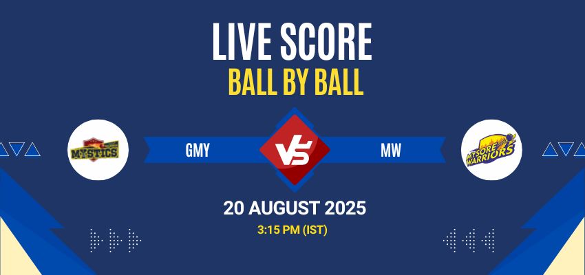 Maharaja Trophy KSCA T20 2025 Live: GMY vs MW Match 19 Live Score, Commentary & Full Results. All live score updates from Gulbarga Mystics vs Mysore Warriors.